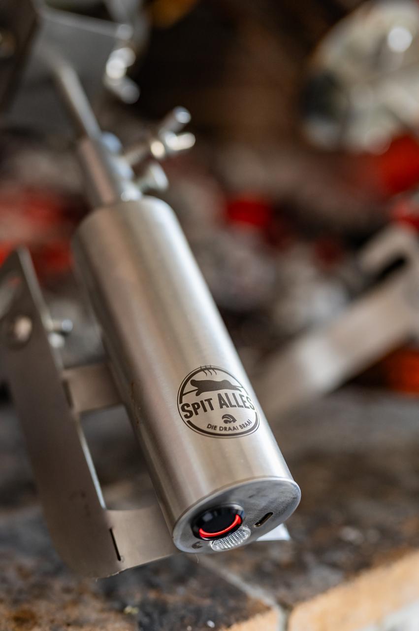 Close-up of the branded stainless steel SpitAlles shaft and motor barrel
